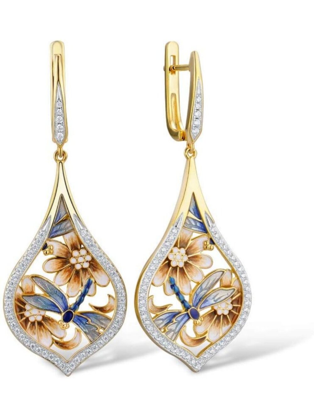 Sterling Silver Cubic Zirconia Flower & Dragonfly Enamel Earrings for Women